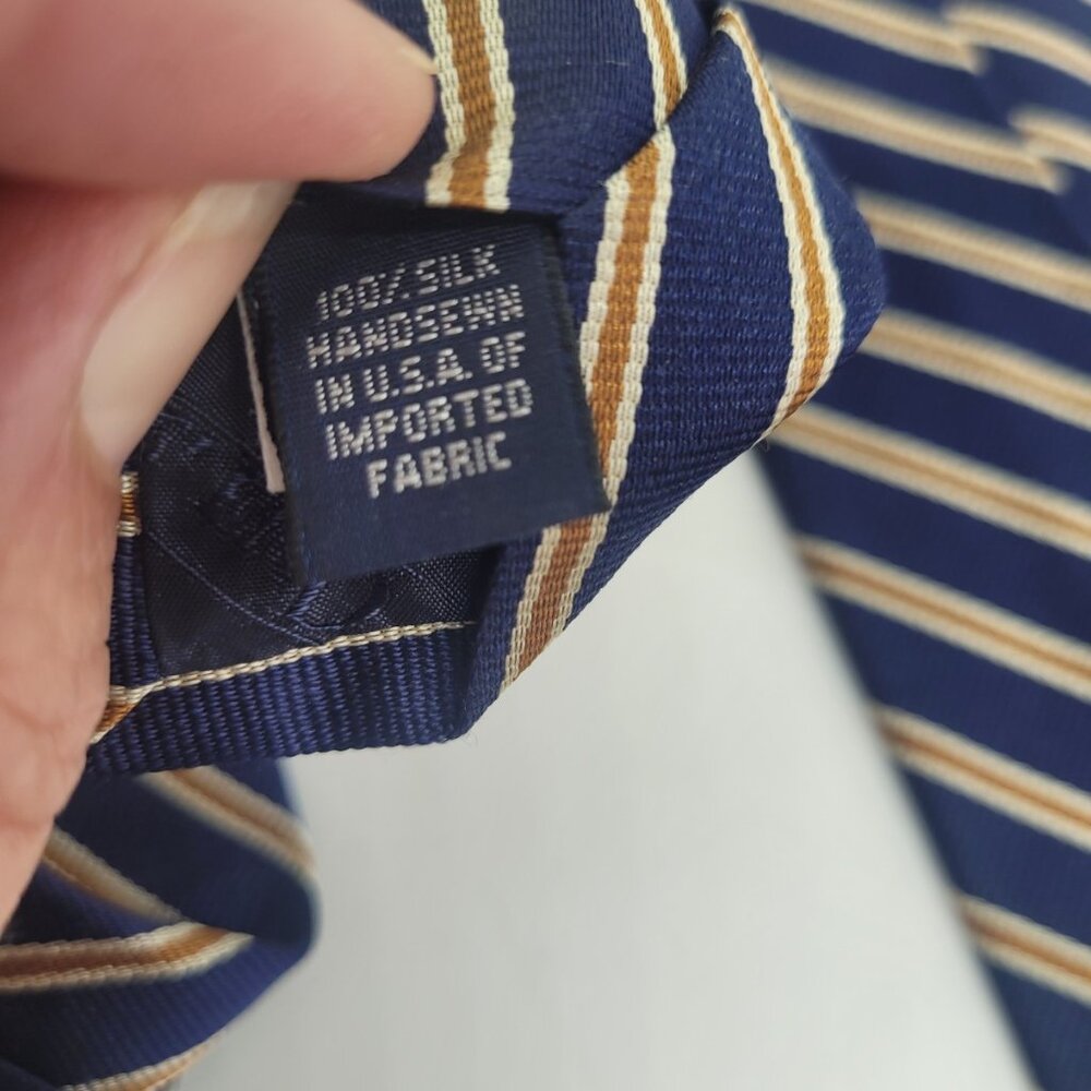 Land's End Mens Silk Repp Tie Navy Blue Gold stripe Old Money Academia Preppy - Picture 5 of 6
